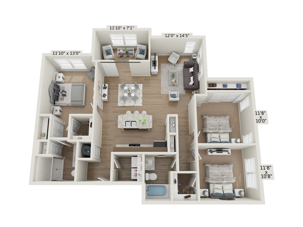 Floor plan for 3 beds, 2 baths, 1392 sqft